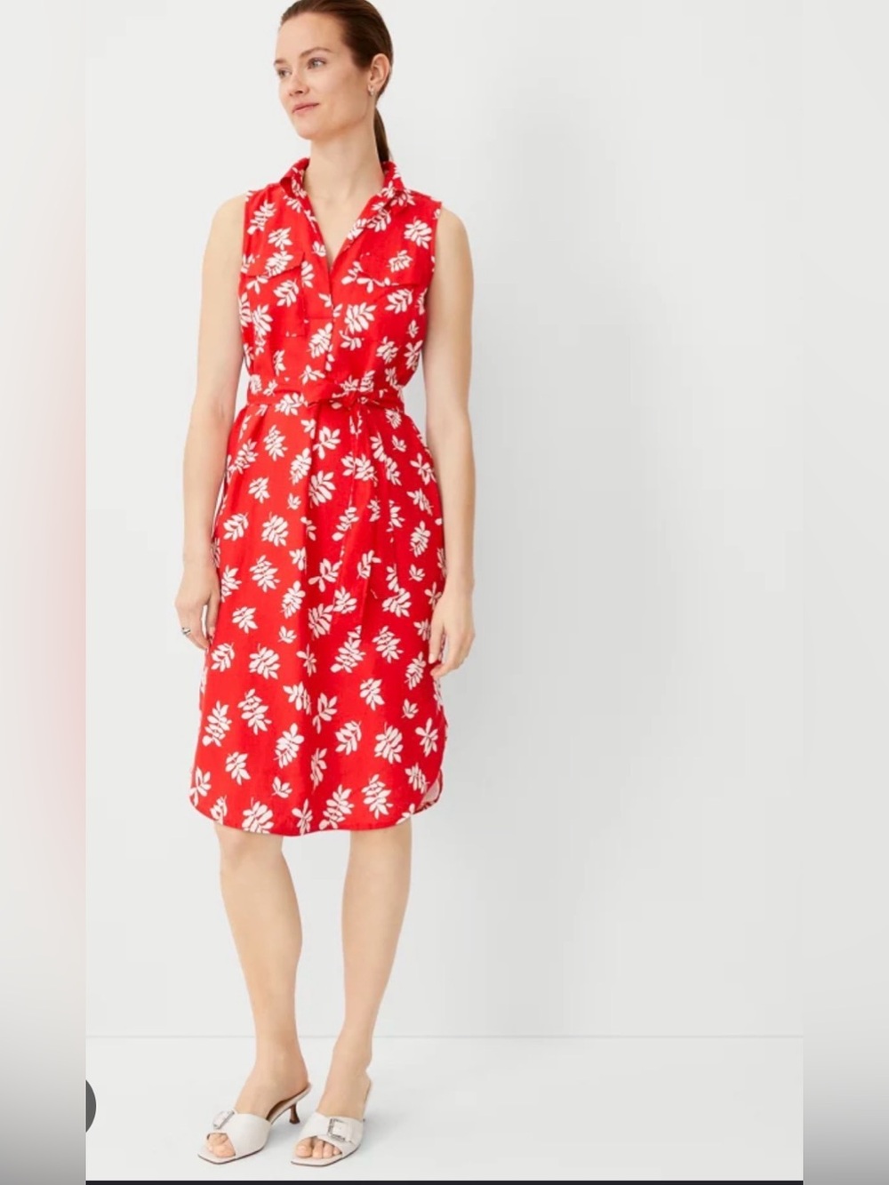 Ann Taylor linen blend leaf print shirt dress XS‎